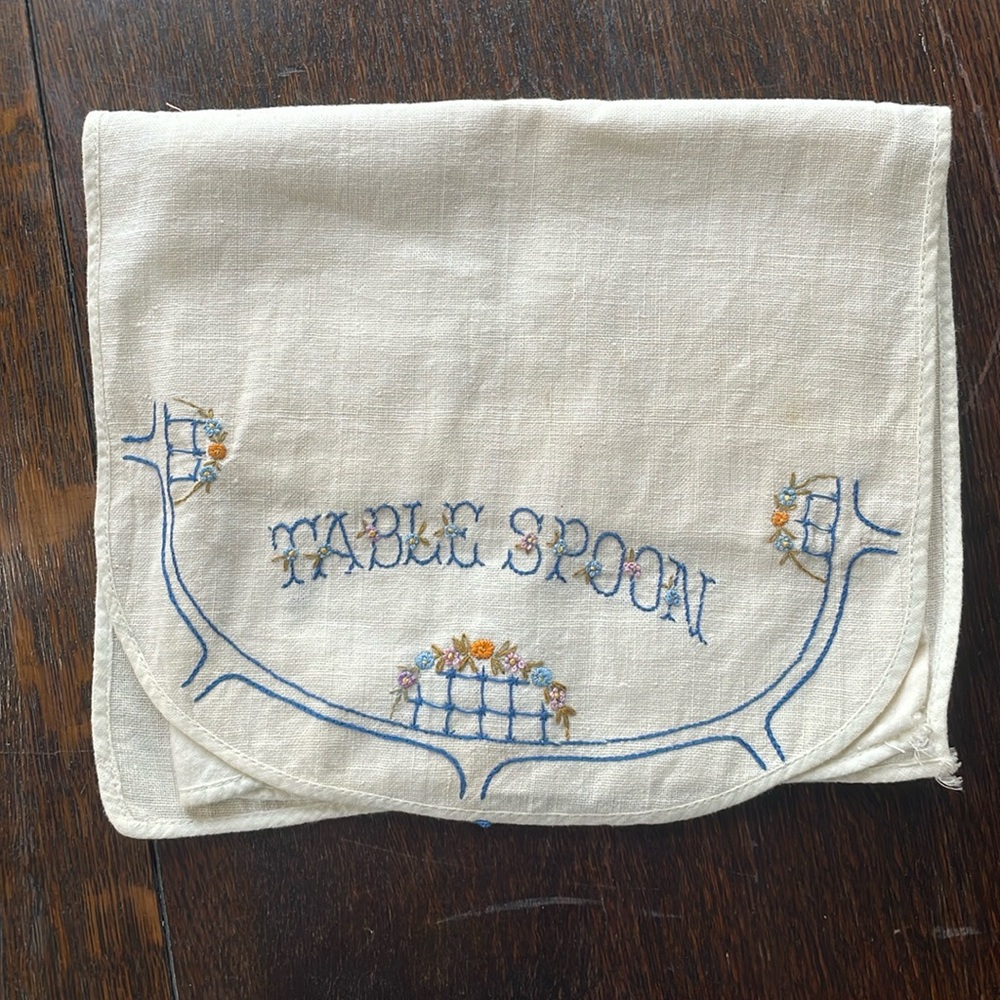 Vintage linen embroidered wooden spoon holders